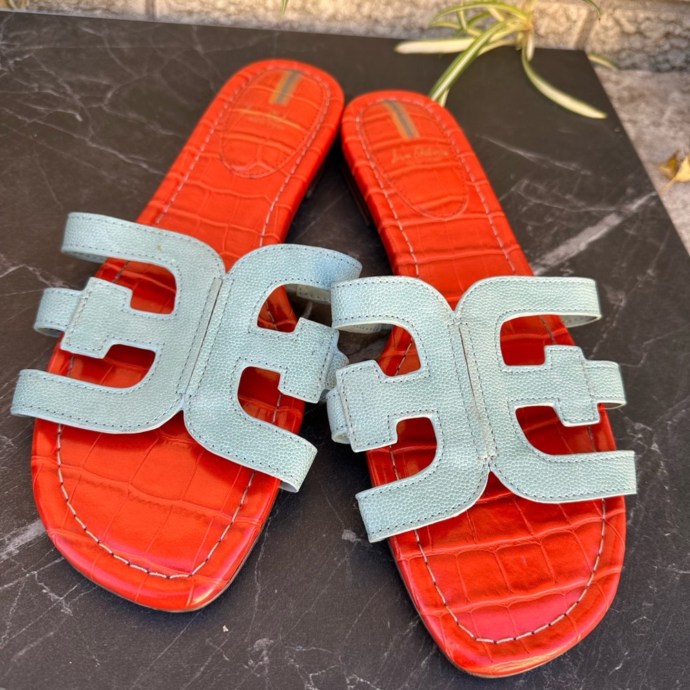 Sam Edelman Red Footbed Sandals with Light Blue Straps